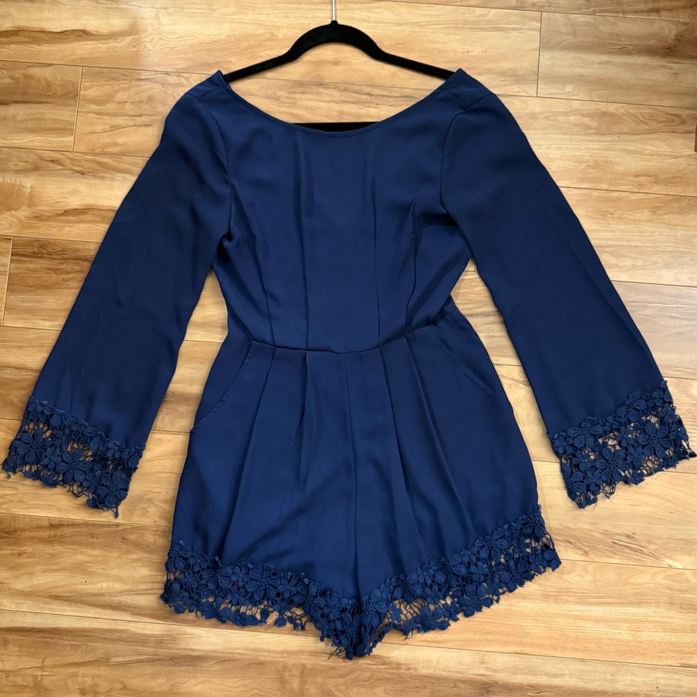 Elegant Navy Blue Lace Trim Romper